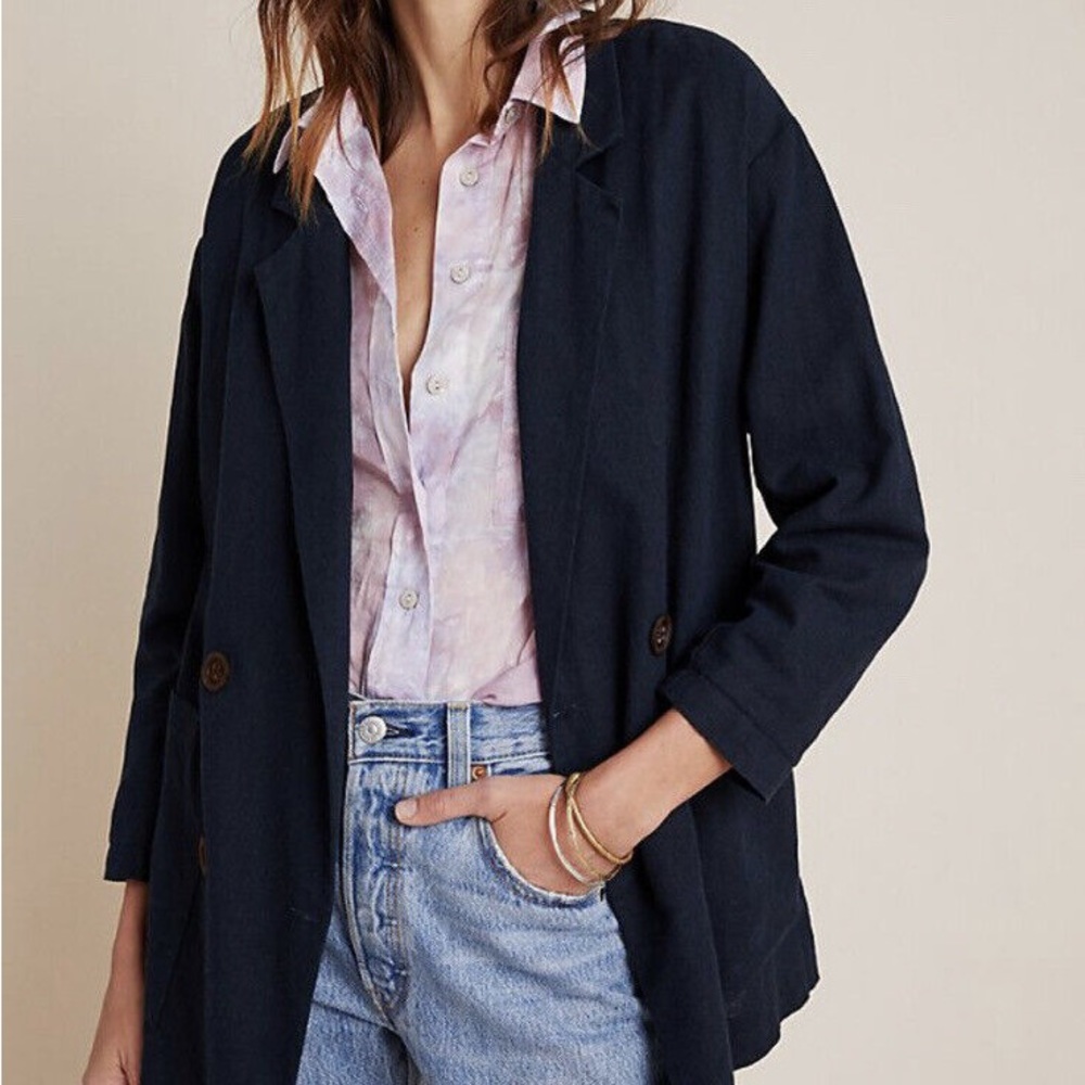 NWT Anthropologie Navy Blue Kaye Shine Linen Relaxed Fit Blazer Jacket